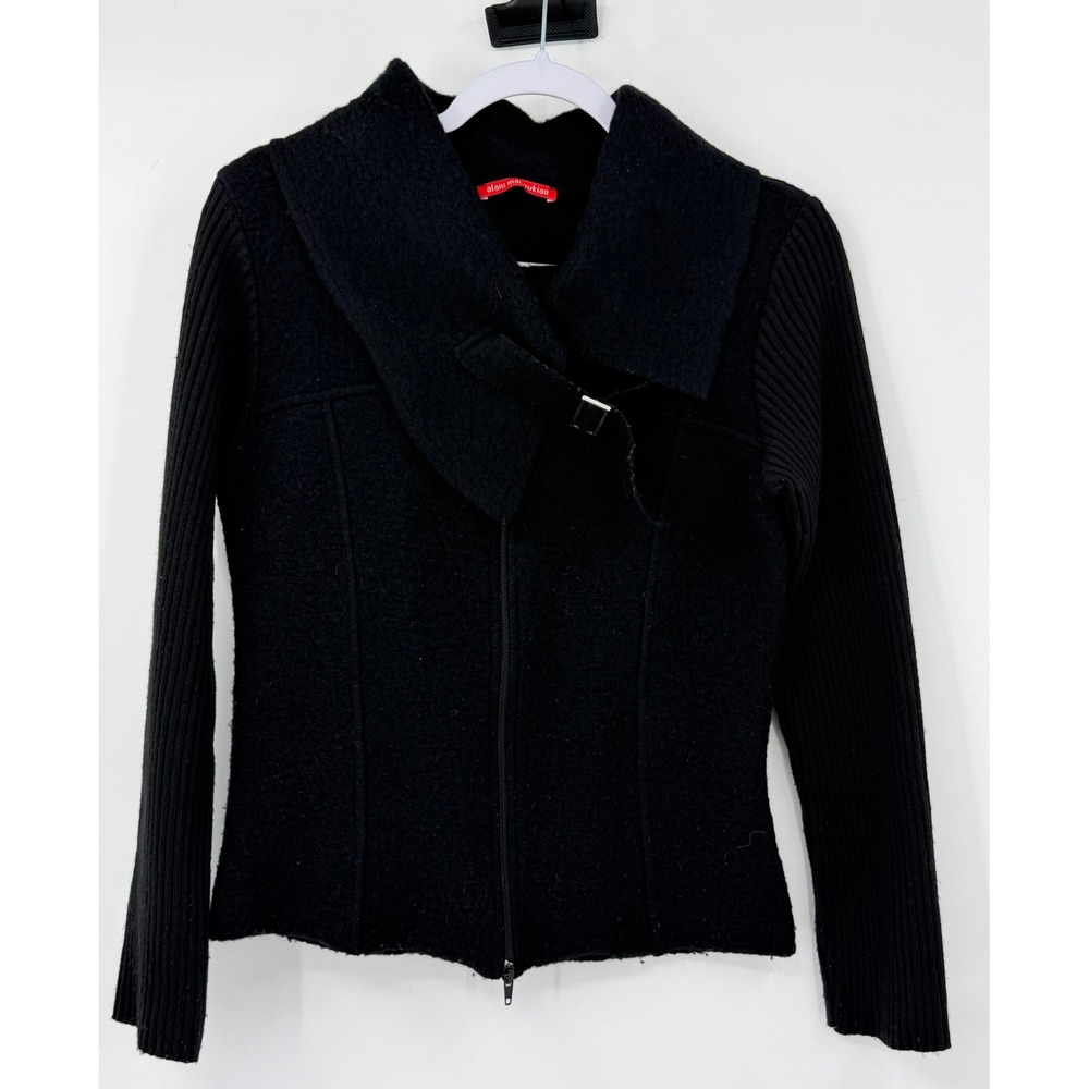 Alain Manoukian Black Wool Blend Ribbed Sleeve Zip Jacket Buckle‎ Collar Italy S